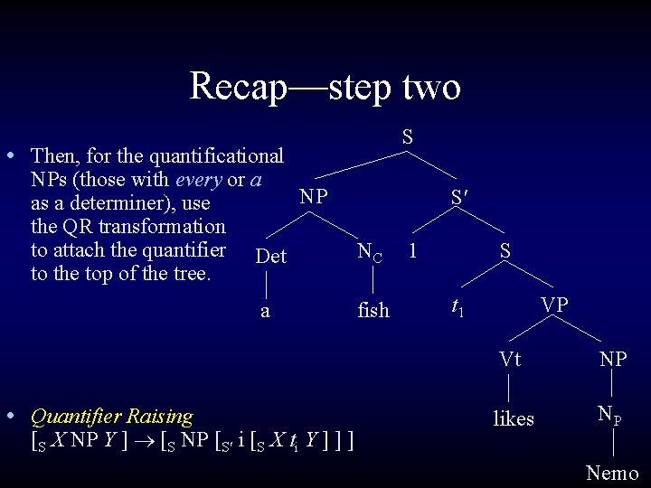 Recap—step two S • Then, for the quantificational NPs (those with every or a