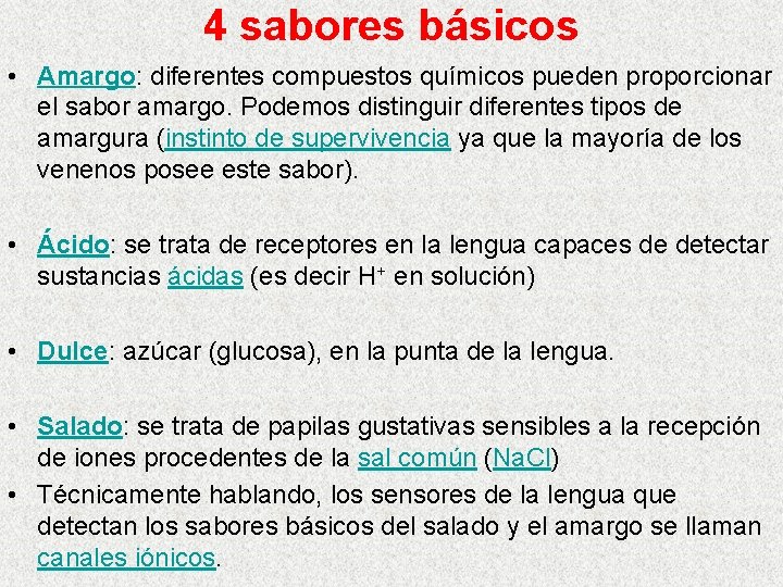 4 sabores básicos • Amargo: diferentes compuestos químicos pueden proporcionar el sabor amargo. Podemos