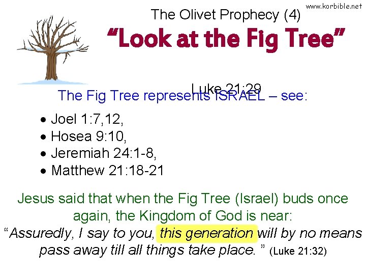 The Olivet Prophecy (4) www. korbible. net “Look at the Fig Tree” Luke 21: