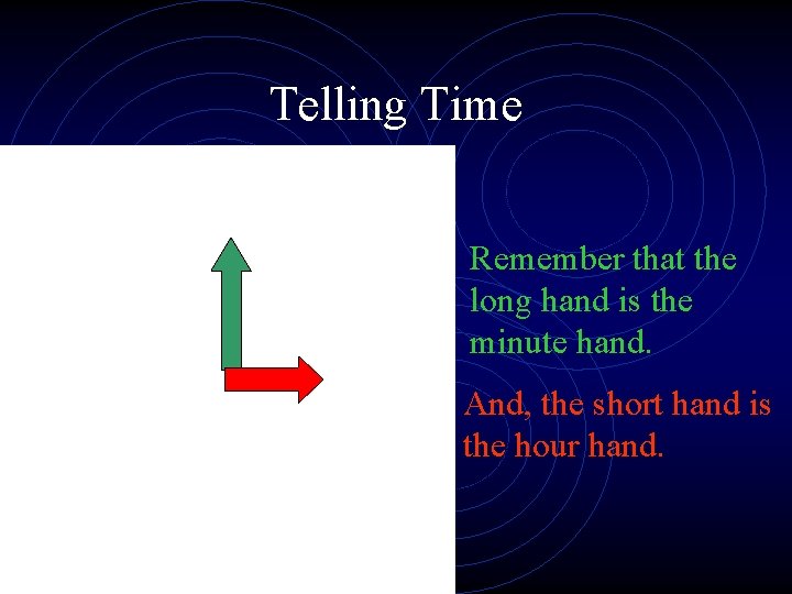 Telling Time Remember that the long hand is the minute hand. And, the short