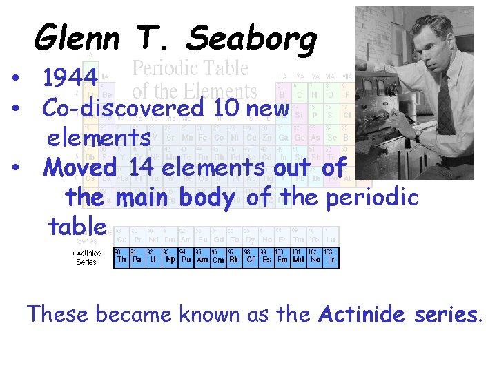 Glenn T. Seaborg • 1944 • Co-discovered 10 new elements • Moved 14 elements