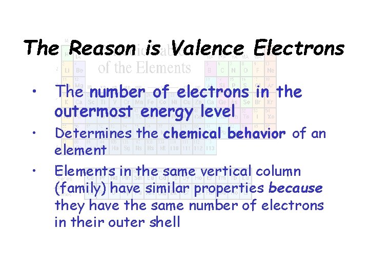 The Reason is Valence Electrons • The number of electrons in the outermost energy
