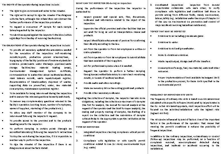 The RIGHTS of the operator during inspections include: The right to give comments and