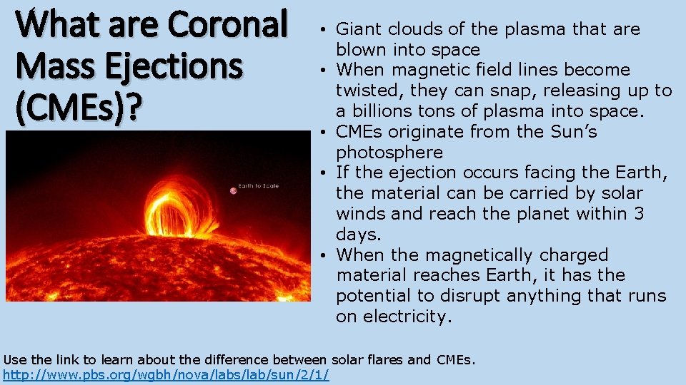 What are Coronal Mass Ejections (CMEs)? • Giant clouds of the plasma that are