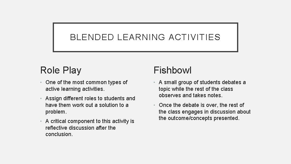 BLENDED LEARNING ACTIVITIES Role Play Fishbowl • One of the most common types of