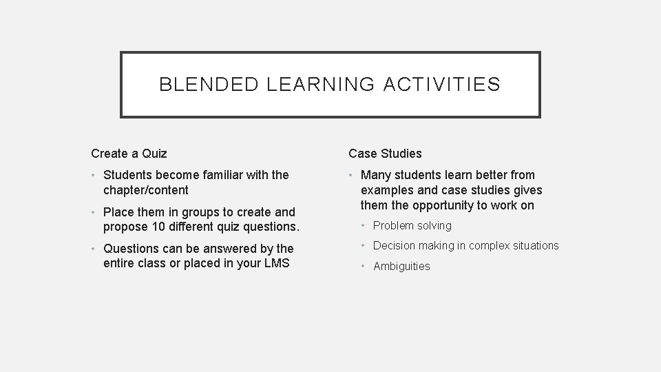 BLENDED LEARNING ACTIVITIES Create a Quiz Case Studies • Students become familiar with the