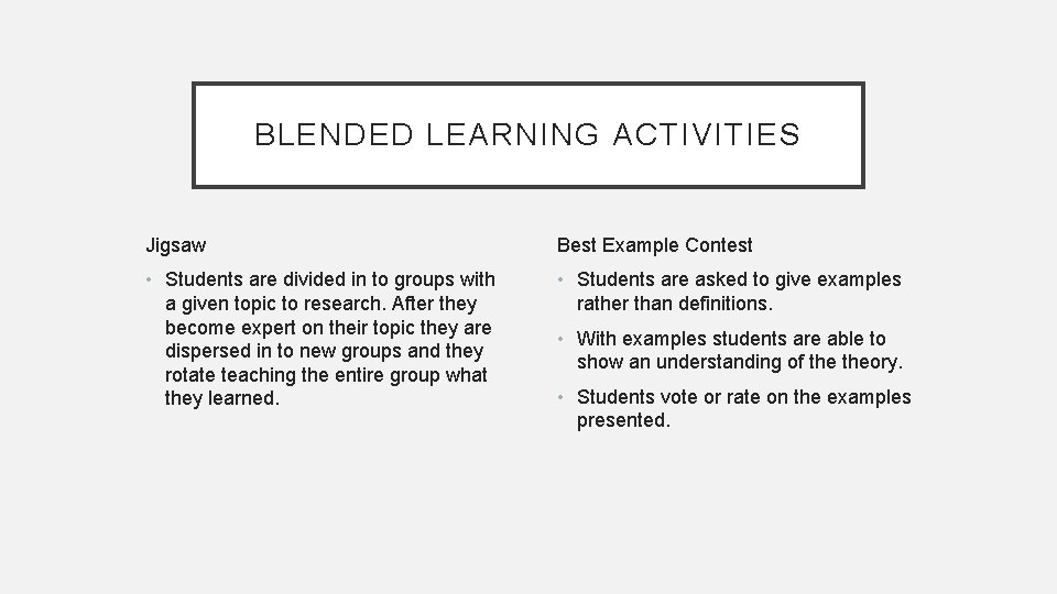 BLENDED LEARNING ACTIVITIES Jigsaw Best Example Contest • Students are divided in to groups