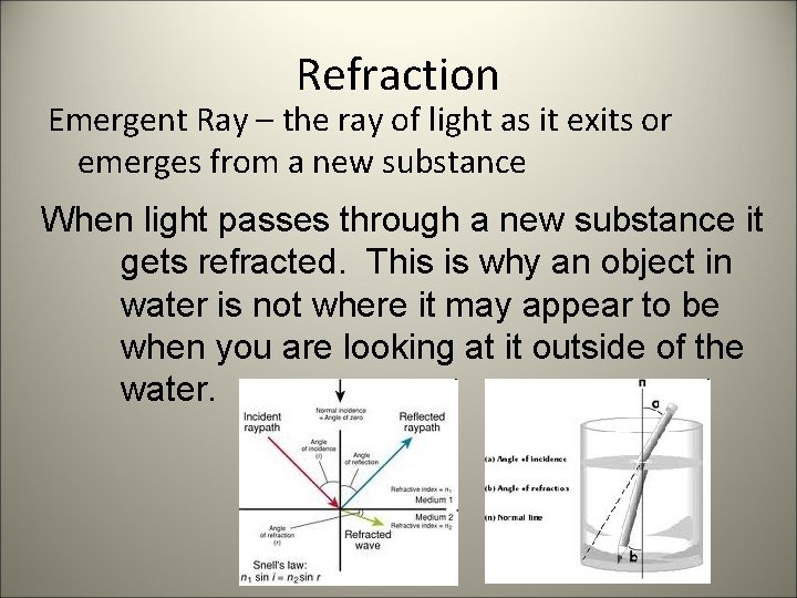 Refraction Emergent Ray – the ray of light as it exits or emerges from