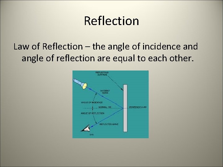 Reflection Law of Reflection – the angle of incidence and angle of reflection are
