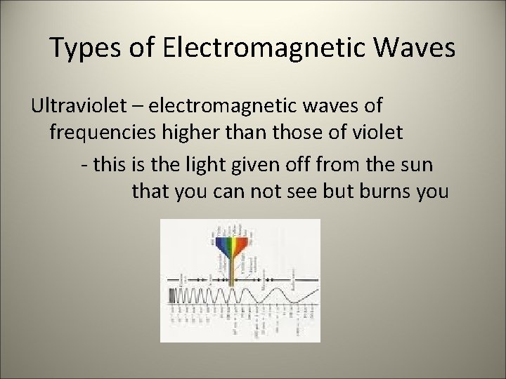 Types of Electromagnetic Waves Ultraviolet – electromagnetic waves of frequencies higher than those of