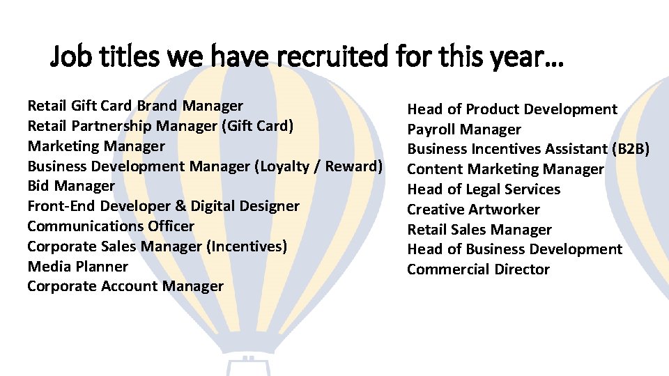 Job titles we have recruited for this year… Retail Gift Card Brand Manager Retail