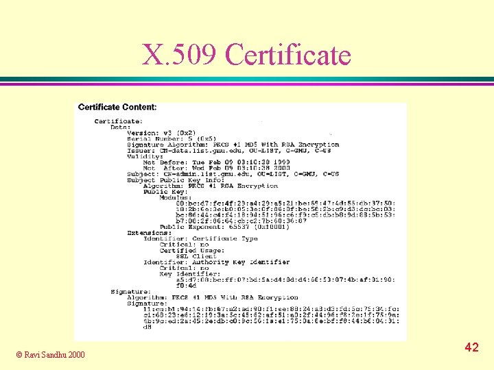 X. 509 Certificate © Ravi Sandhu 2000 42 