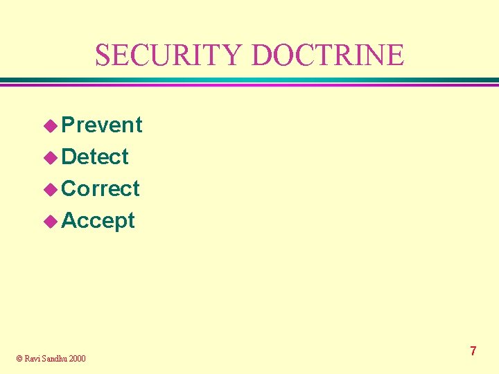 SECURITY DOCTRINE u Prevent u Detect u Correct u Accept © Ravi Sandhu 2000