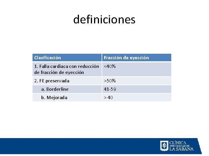 definiciones Clasificación Fracción de eyección 1. Falla cardiaca con reducción <40% de fracción de