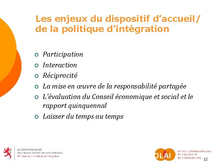 Les enjeux du dispositif d’accueil/ de la politique d’intégration ¡ ¡ ¡ Participation Interaction