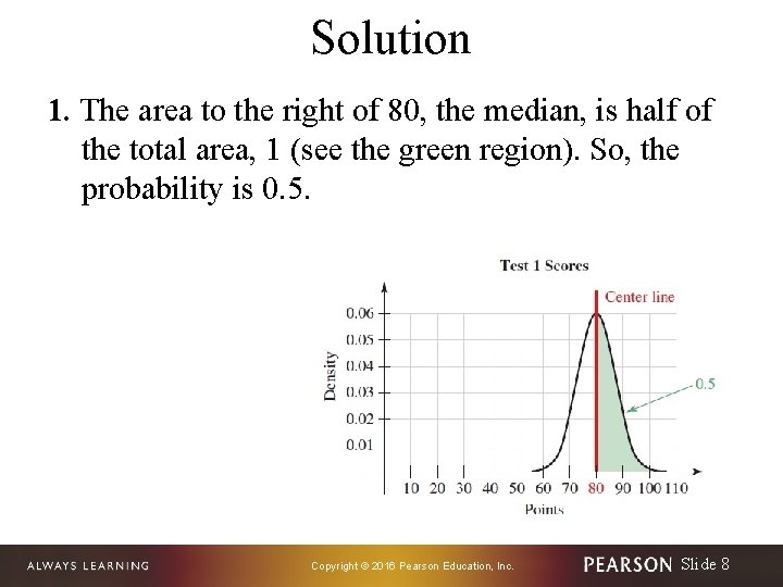 Solution 1. The area to the right of 80, the median, is half of