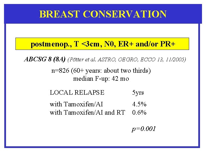 BREAST CONSERVATION postmenop. , T <3 cm, N 0, ER+ and/or PR+ ABCSG 8