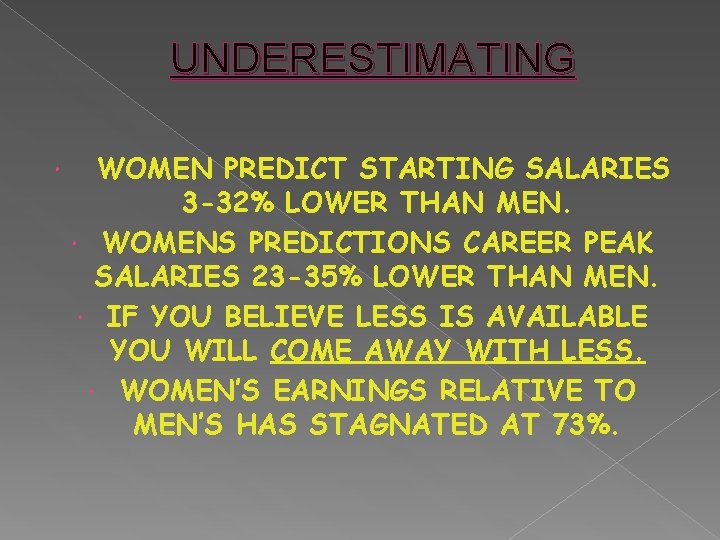 UNDERESTIMATING WOMEN PREDICT STARTING SALARIES 3 -32% LOWER THAN MEN. WOMENS PREDICTIONS CAREER PEAK