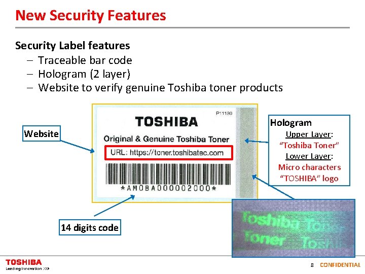 New Security Features Security Label features – Traceable bar code – Hologram (2 layer)