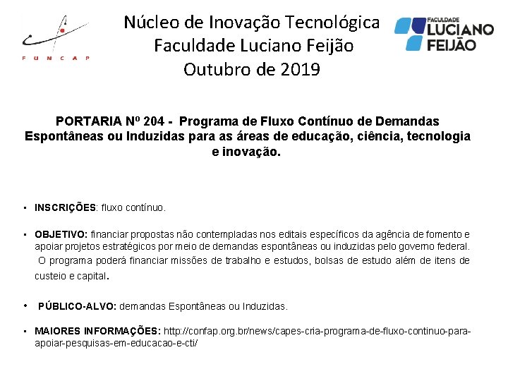 Núcleo de Inovação Tecnológica Faculdade Luciano Feijão Outubro de 2019 PORTARIA Nº 204 -
