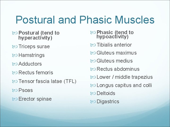 Postural and Phasic Muscles Postural (tend to Phasic (tend to Triceps surae Tibialis anterior