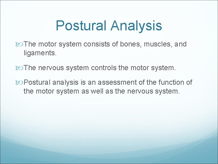 Postural Analysis The motor system consists of bones, muscles, and ligaments. The nervous system