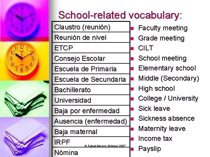 School-related vocabulary: Claustro (reunión) Reunión de nivel ETCP Consejo Escolar Escuela de Primaria Escuela