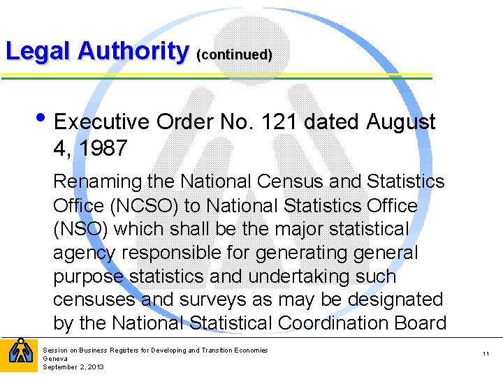 Legal Authority (continued) • Executive Order No. 121 dated August 4, 1987 Renaming the