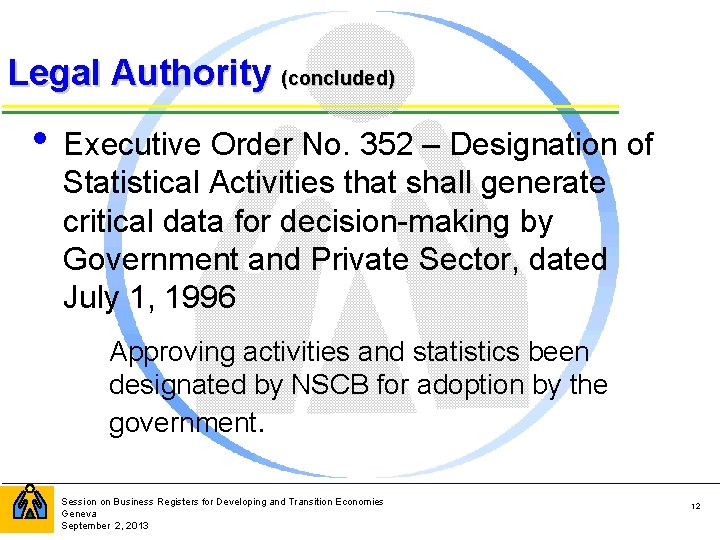 Legal Authority (concluded) • Executive Order No. 352 – Designation of Statistical Activities that