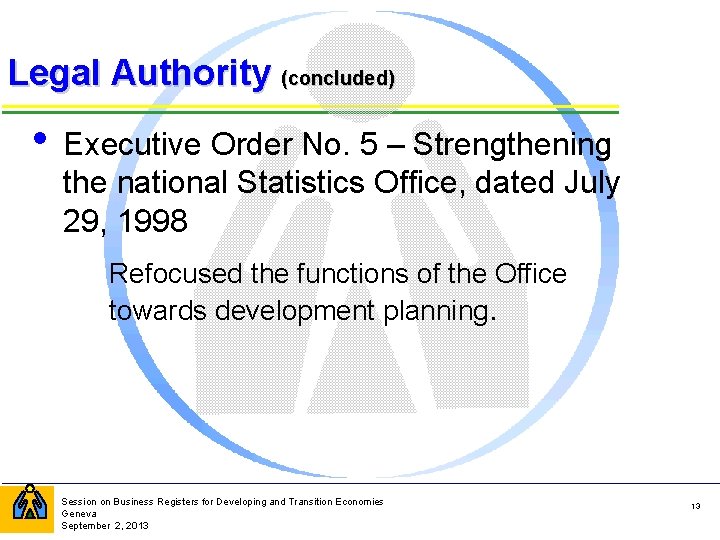 Legal Authority (concluded) • Executive Order No. 5 – Strengthening the national Statistics Office,