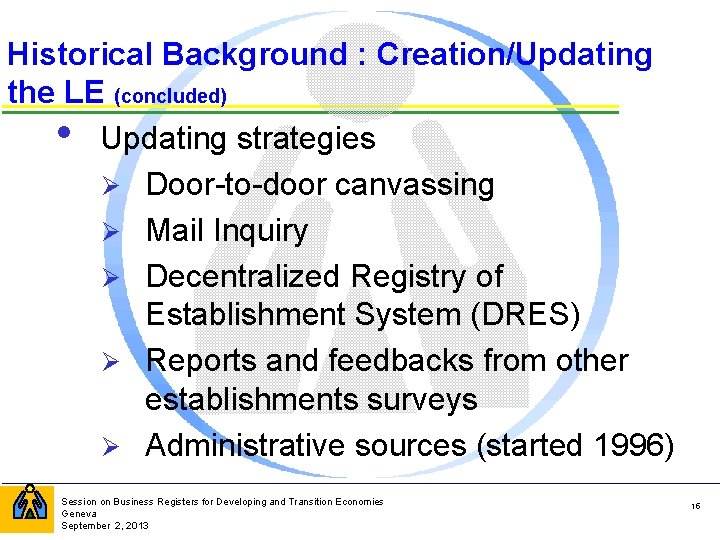 Historical Background : Creation/Updating the LE (concluded) • Updating strategies Ø Door-to-door canvassing Ø