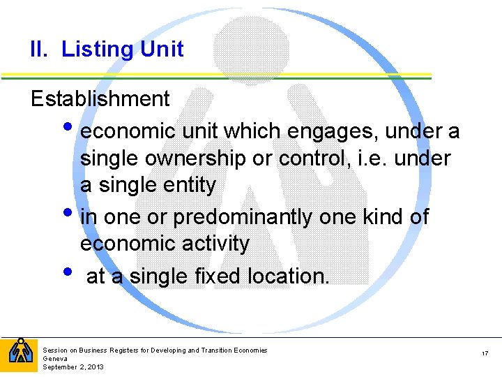 II. Listing Unit Establishment • economic unit which engages, under a single ownership or