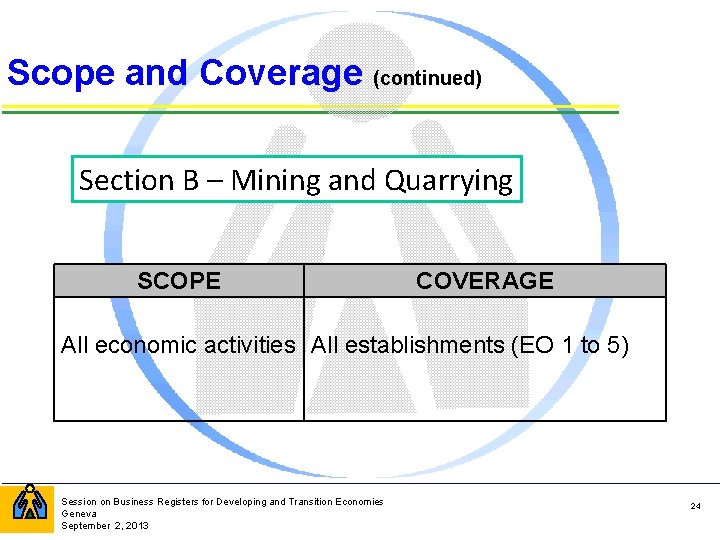Scope and Coverage (continued) Section B – Mining and Quarrying SCOPE COVERAGE All economic