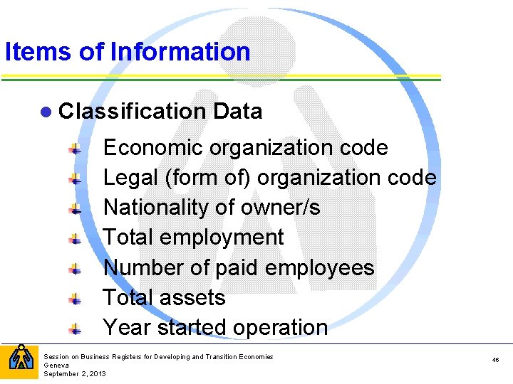 Items of Information l Classification Data Economic organization code Legal (form of) organization code