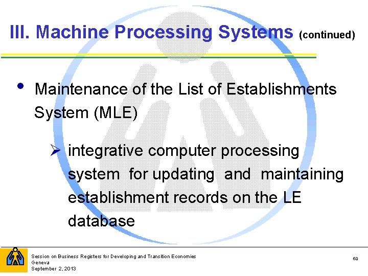 III. Machine Processing Systems (continued) • Maintenance of the List of Establishments System (MLE)