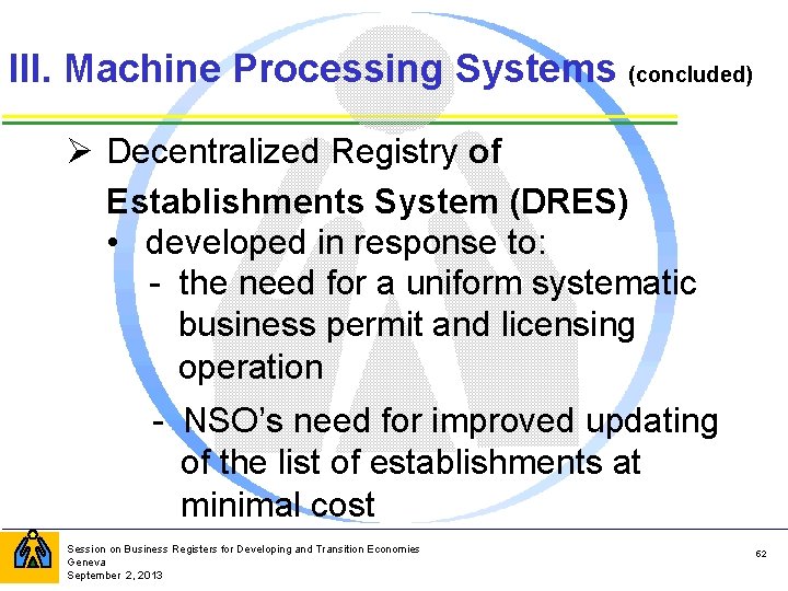 III. Machine Processing Systems (concluded) Ø Decentralized Registry of Establishments System (DRES) • developed