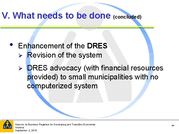 V. What needs to be done (concluded) • Enhancement of the DRES Ø Revision
