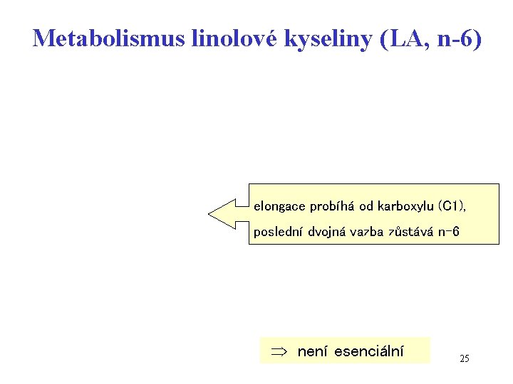 Metabolismus linolové kyseliny (LA, n-6) elongace probíhá od karboxylu (C 1), poslední dvojná vazba