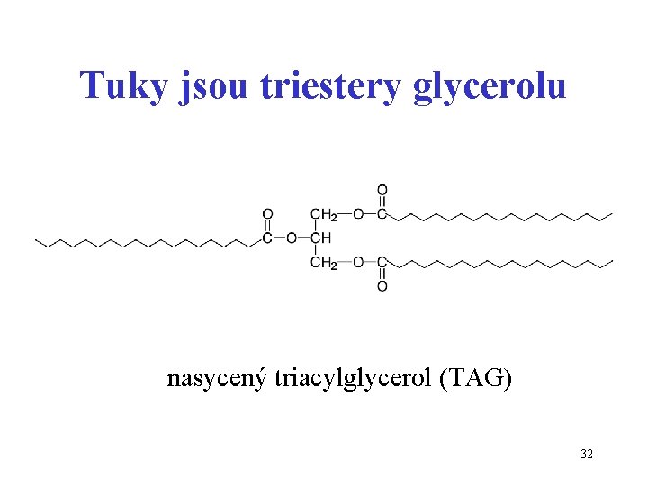 Tuky jsou triestery glycerolu nasycený triacylglycerol (TAG) 32 