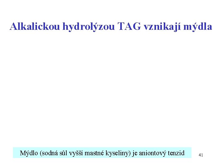 Alkalickou hydrolýzou TAG vznikají mýdla Mýdlo (sodná sůl vyšší mastné kyseliny) je aniontový tenzid