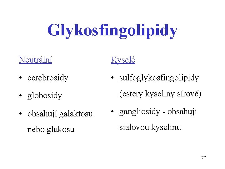 Glykosfingolipidy Neutrální Kyselé • cerebrosidy • sulfoglykosfingolipidy • globosidy • obsahují galaktosu nebo glukosu