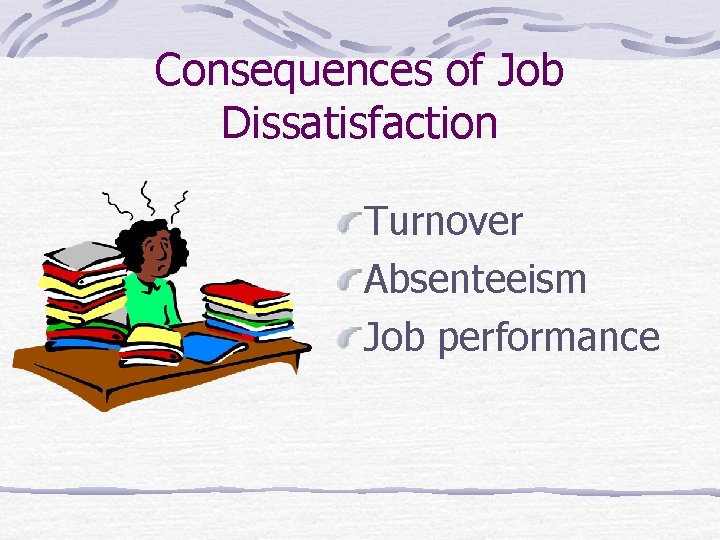 Consequences of Job Dissatisfaction Turnover Absenteeism Job performance 