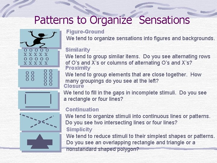 Patterns to Organize Sensations Figure-Ground We tend to organize sensations into figures and backgrounds.