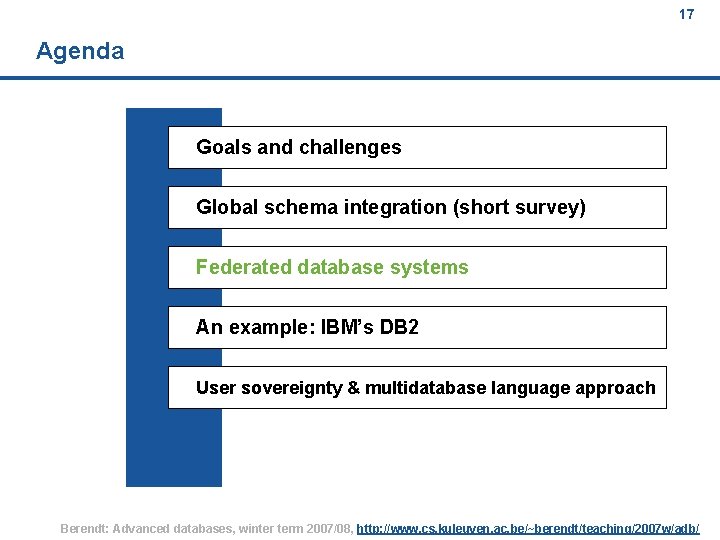 17 Agenda Goals and challenges Global schema integration (short survey) Federated database systems An