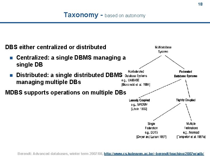 18 Taxonomy - based on autonomy DBS either centralized or distributed n Centralized: a