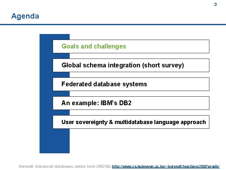 3 Agenda Goals and challenges Global schema integration (short survey) Federated database systems An