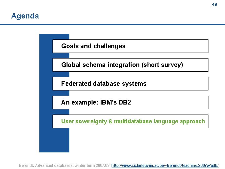 49 Agenda Goals and challenges Global schema integration (short survey) Federated database systems An