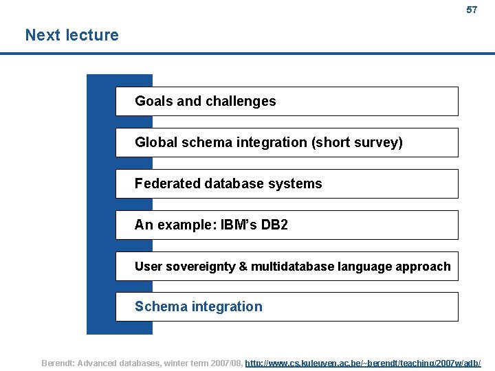 57 Next lecture Goals and challenges Global schema integration (short survey) Federated database systems