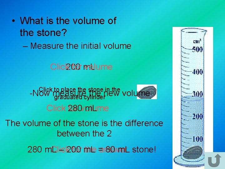  • What is the volume of the stone? – Measure the initial volume