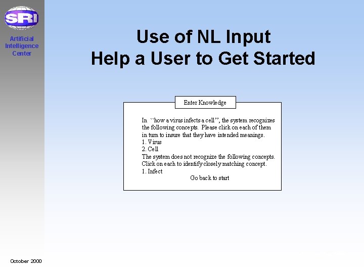 Artificial Intelligence Center Use of NL Input Help a User to Get Started Enter